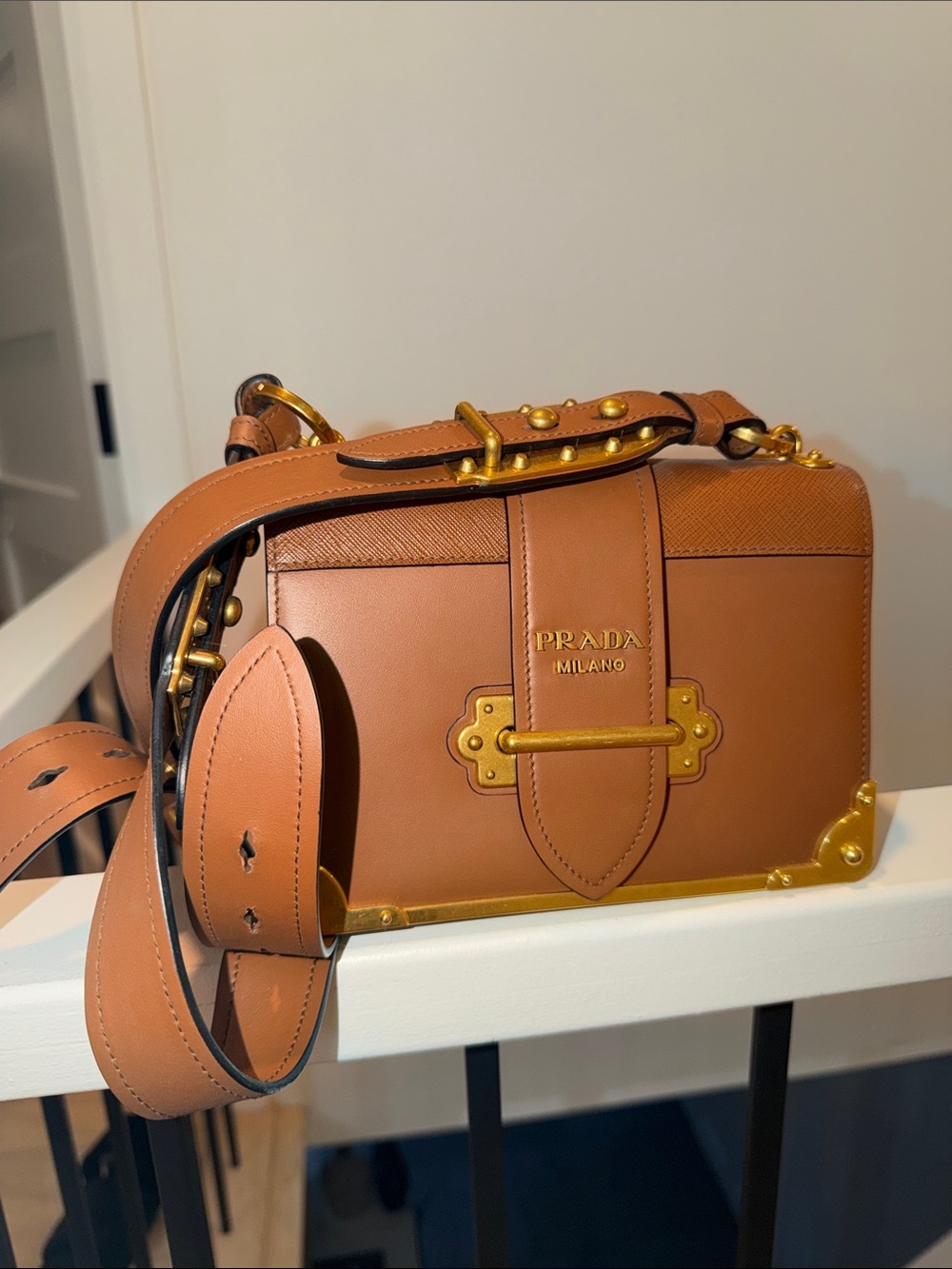 Prada Crossbody Bag in Tan Leather with Gold Hardware